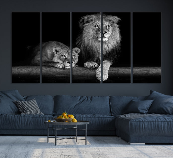 Large Black and White Lion Couple Wall Art Canvas Print