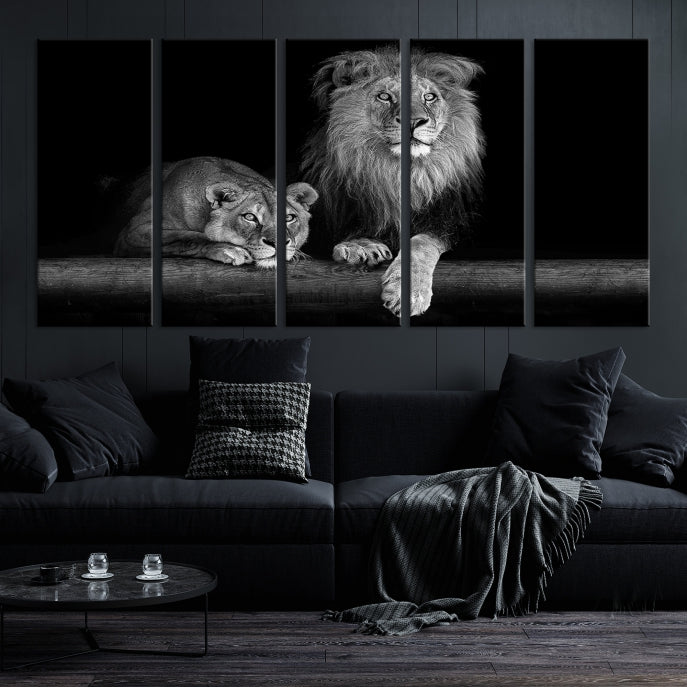 Large Black and White Lion Couple Wall Art Canvas Print