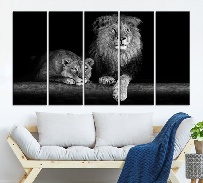 Large Black and White Lion Couple Wall Art Canvas Print