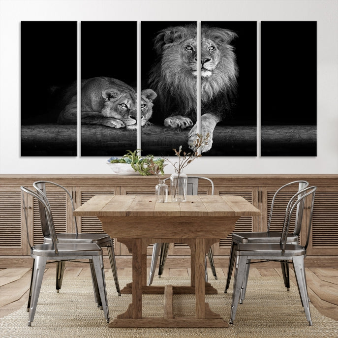 Large Black and White Lion Couple Wall Art Canvas Print