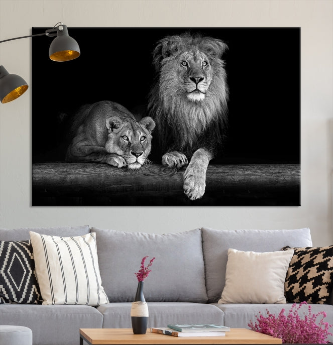 Large Black and White Lion Couple Wall Art Canvas Print