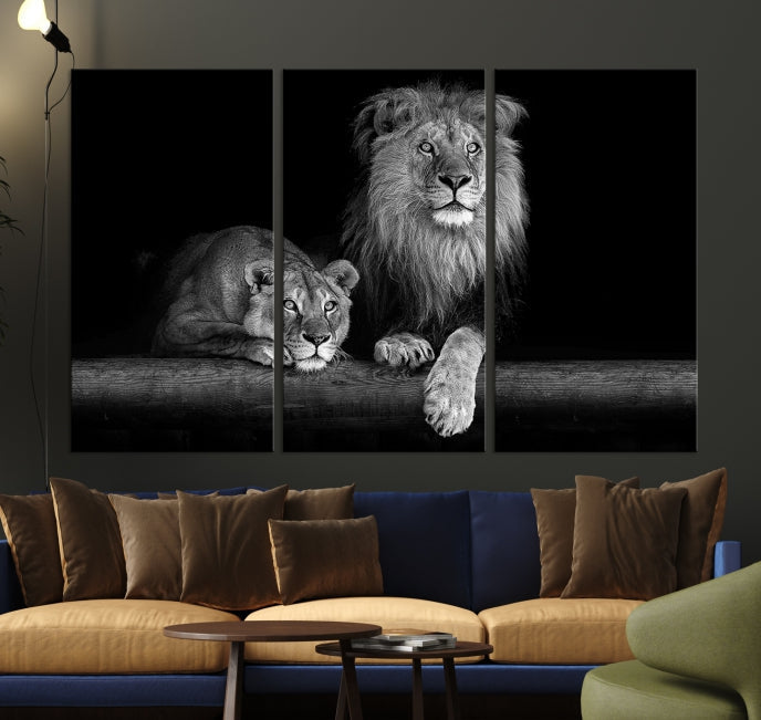 Large Black and White Lion Couple Wall Art Canvas Print