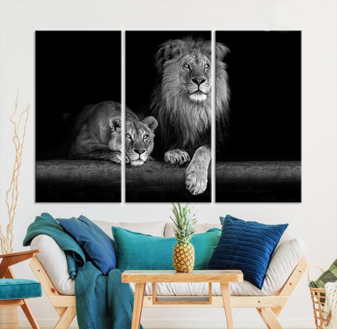 Large Black and White Lion Couple Wall Art Canvas Print