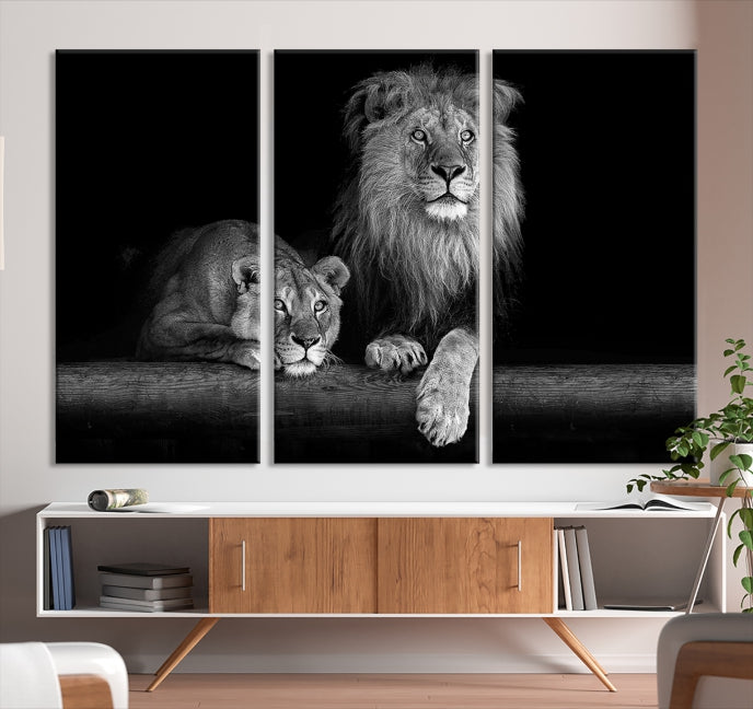 Large Black and White Lion Couple Wall Art Canvas Print