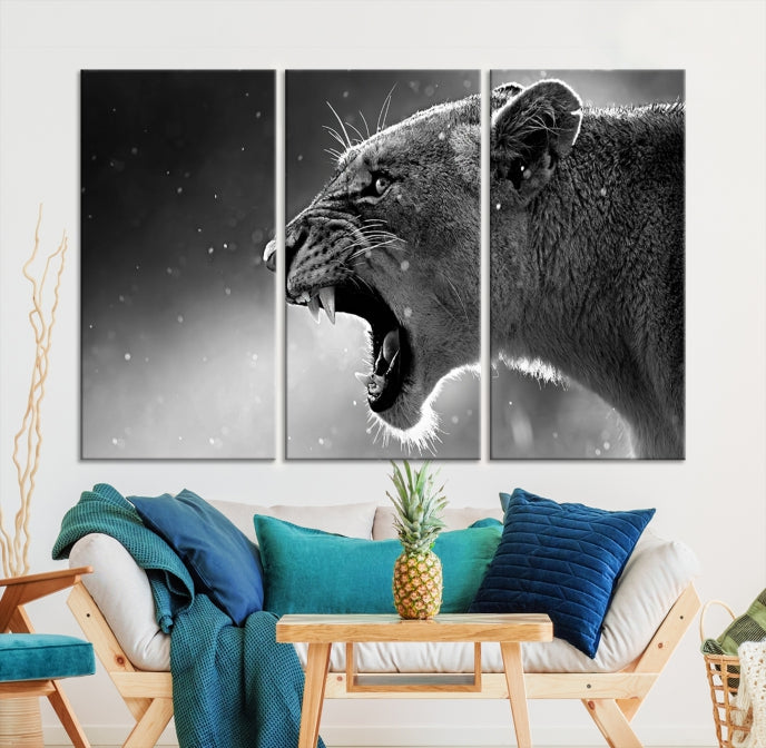 Large Black and White Lioness Wall Art Canvas Print