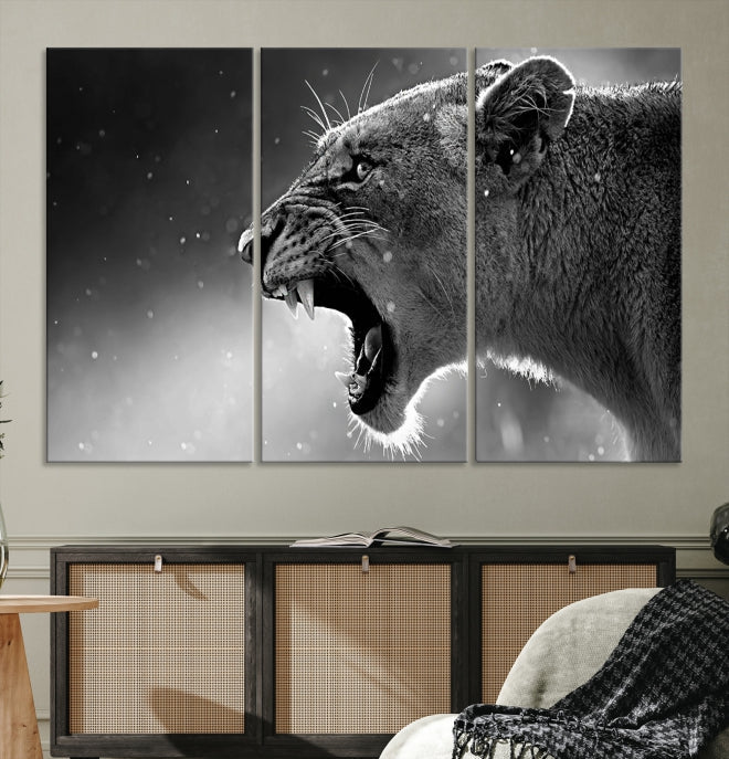 Large Black and White Lioness Wall Art Canvas Print