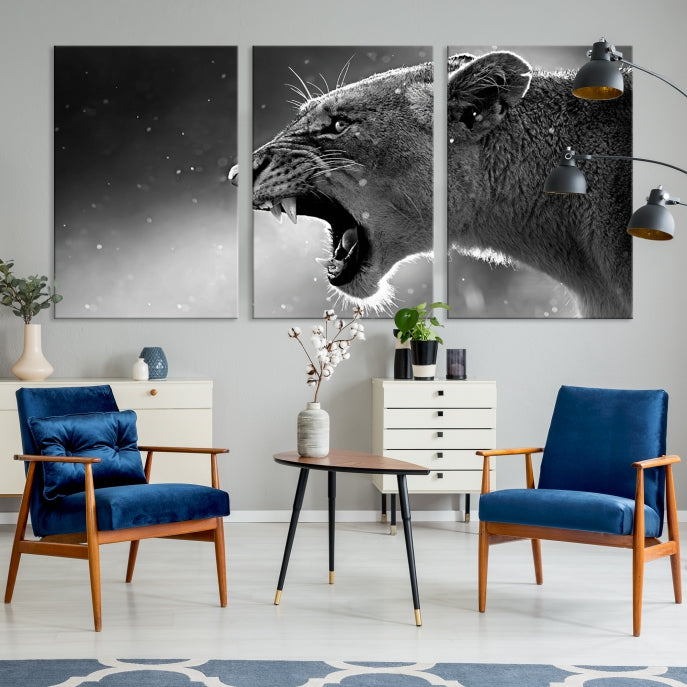 Large Black and White Lioness Wall Art Canvas Print