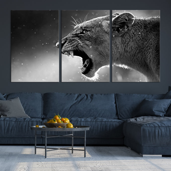 Large Black and White Lioness Wall Art Canvas Print