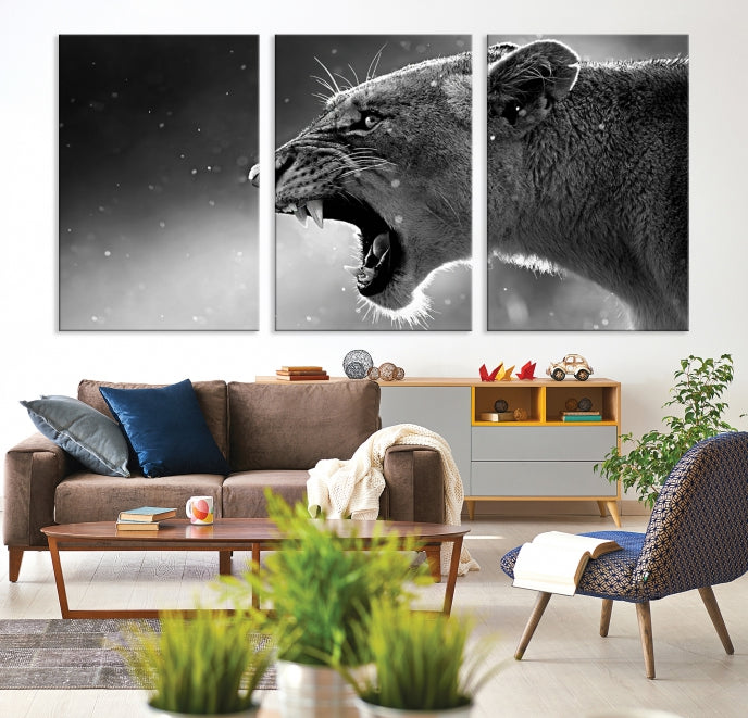 Large Black and White Lioness Wall Art Canvas Print