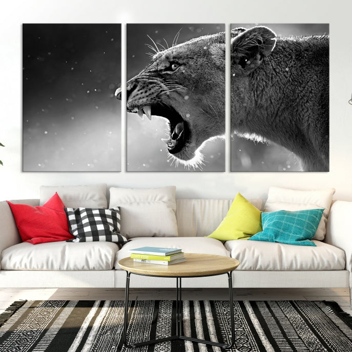 Large Black and White Lioness Wall Art Canvas Print