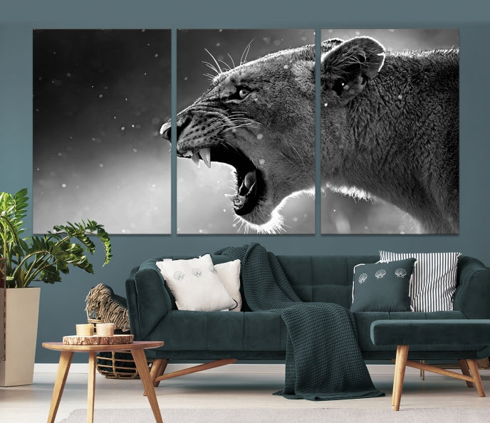 Large Black and White Lioness Wall Art Canvas Print