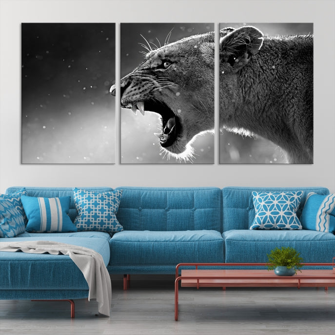 Large Black and White Lioness Wall Art Canvas Print