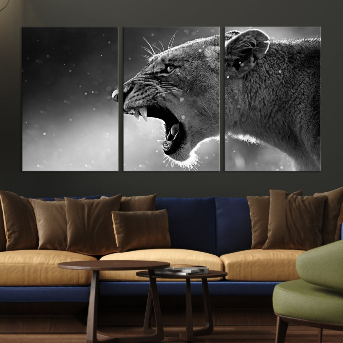 Large Black and White Lioness Wall Art Canvas Print