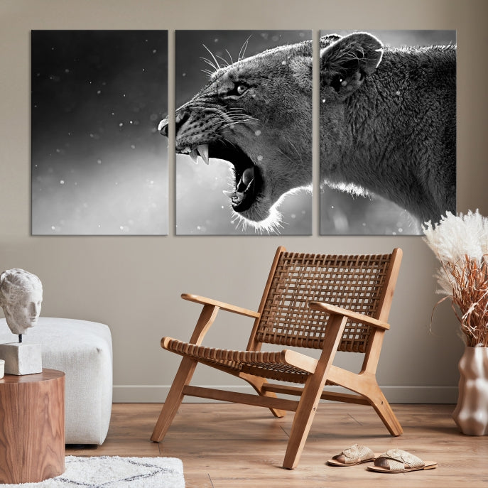 Large Black and White Lioness Wall Art Canvas Print