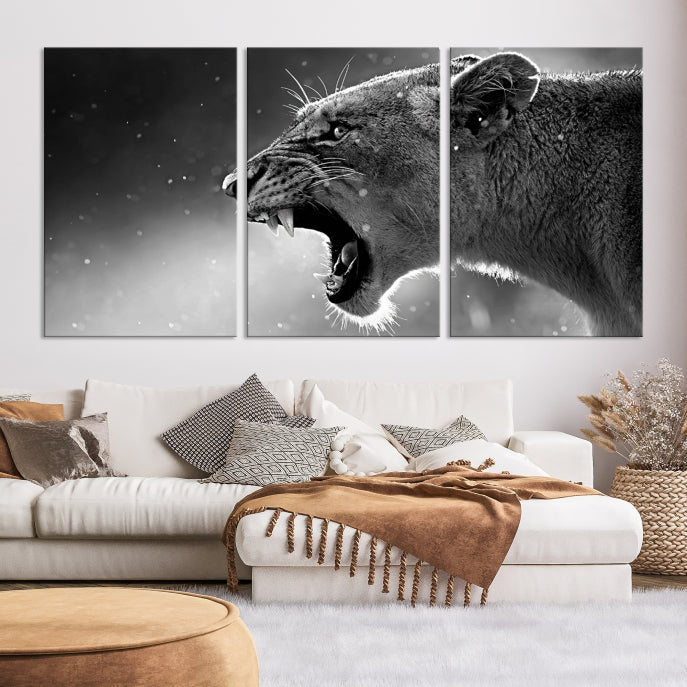 Large Black and White Lioness Wall Art Canvas Print