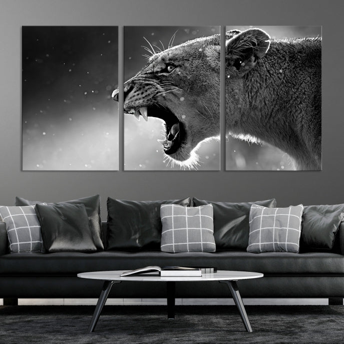 Large Black and White Lioness Wall Art Canvas Print