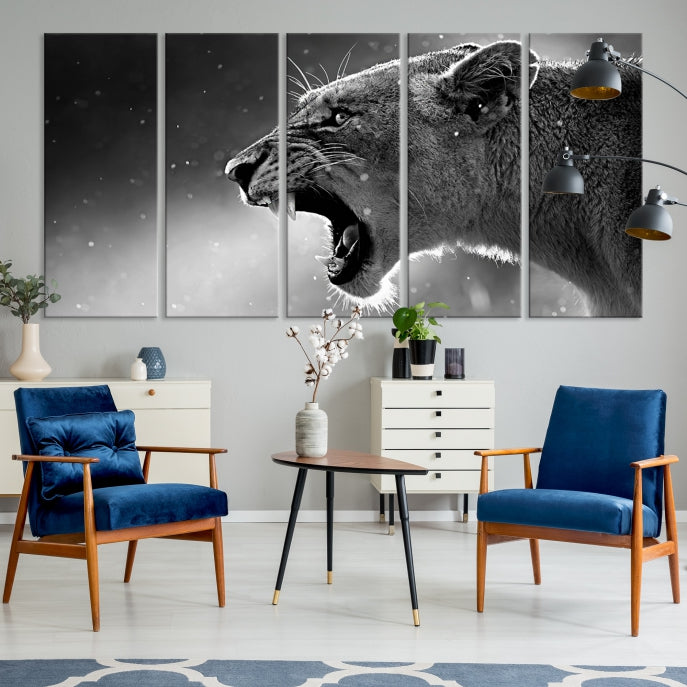 Large Black and White Lioness Wall Art Canvas Print