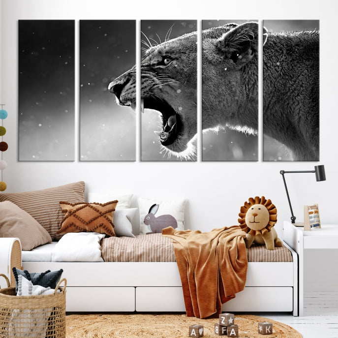 Large Black and White Lioness Wall Art Canvas Print