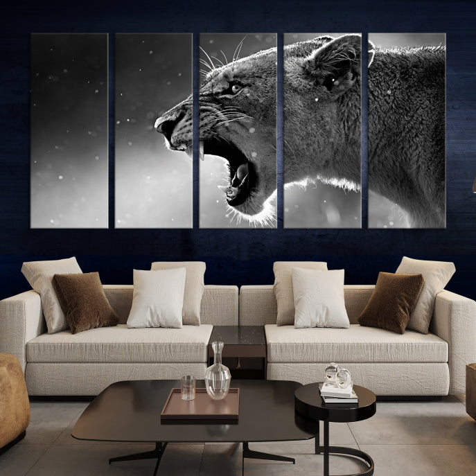 Large Black and White Lioness Wall Art Canvas Print