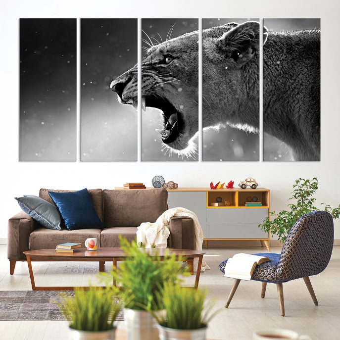 Large Black and White Lioness Wall Art Canvas Print