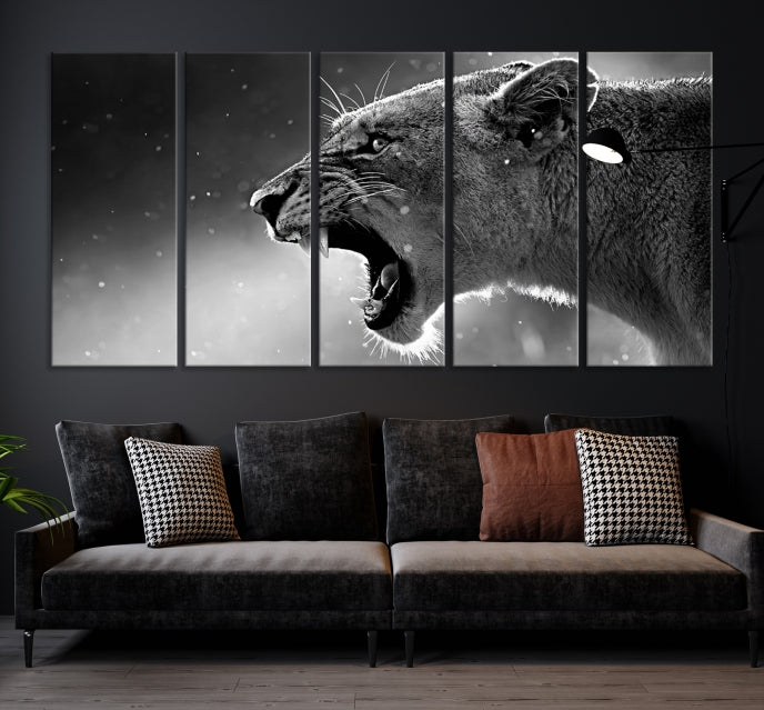 Large Black and White Lioness Wall Art Canvas Print