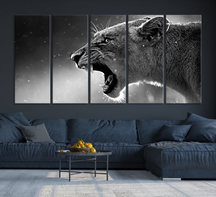 Large Black and White Lioness Wall Art Canvas Print