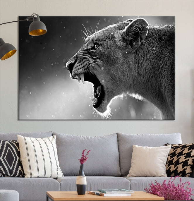 Large Black and White Lioness Wall Art Canvas Print