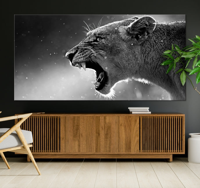 Large Black and White Lioness Wall Art Canvas Print