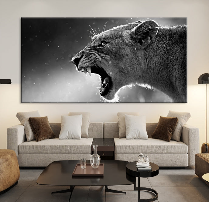 Large Black and White Lioness Wall Art Canvas Print