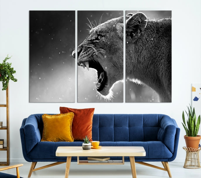 Large Black and White Lioness Wall Art Canvas Print