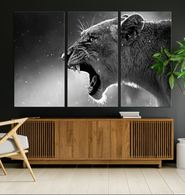 Large Black and White Lioness Wall Art Canvas Print