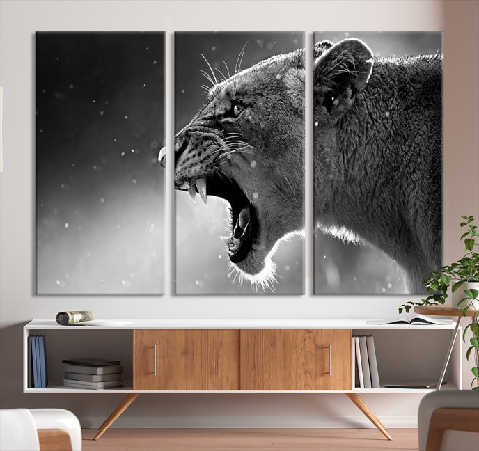 Large Black and White Lioness Wall Art Canvas Print