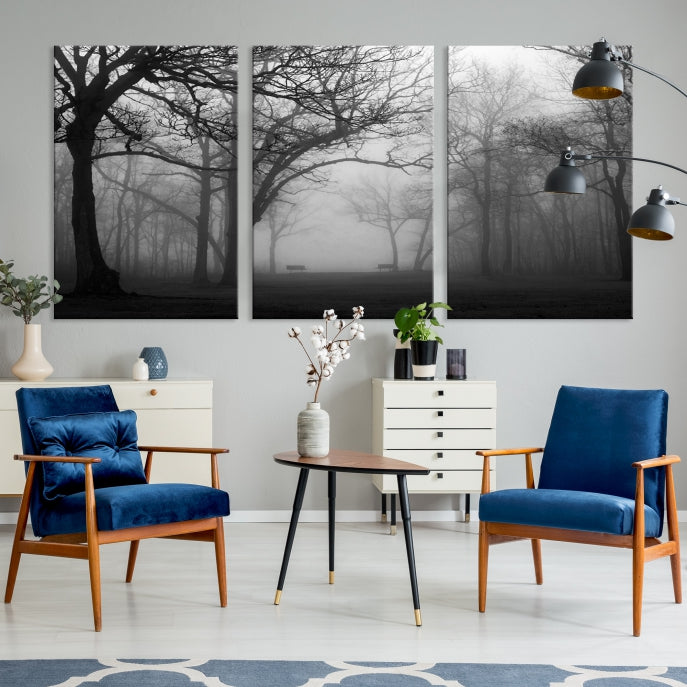 Large Black and White Nature Wall Art Foggy Forest Wall Art Canvas Print