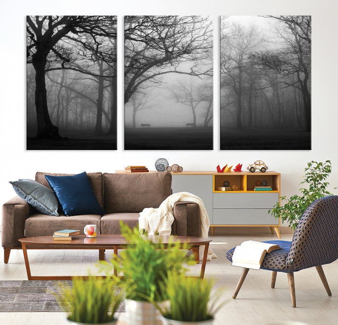 Large Black and White Nature Wall Art Foggy Forest Wall Art Canvas Print