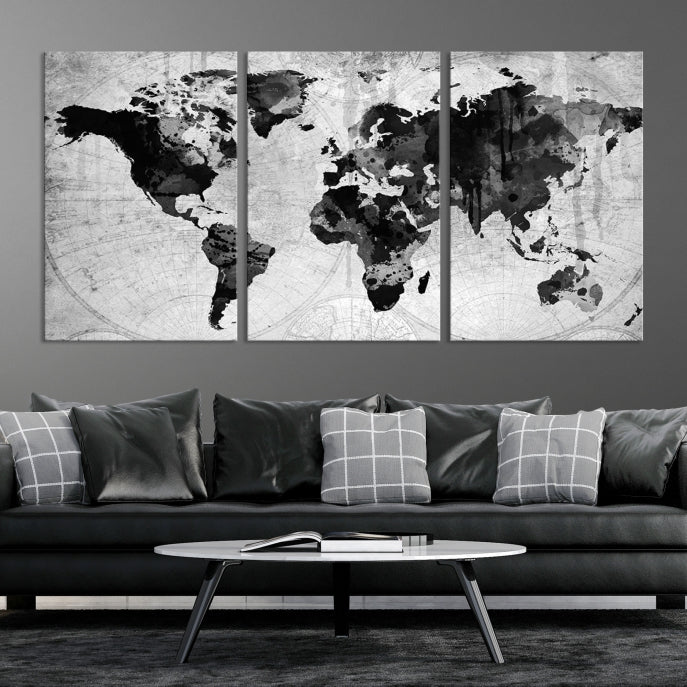 Large Black World Map Wall Art Framed Canvas Giclee Print