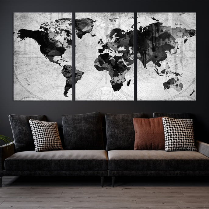 Large Black World Map Wall Art Framed Canvas Giclee Print