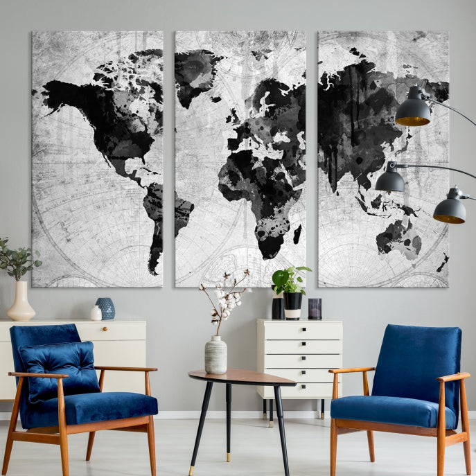 Large Black World Map Wall Art Framed Canvas Giclee Print