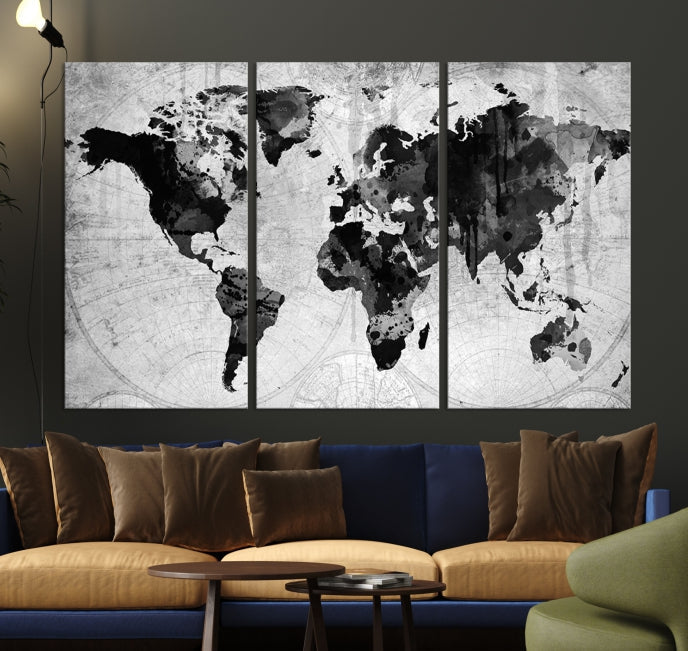 Large Black World Map Wall Art Framed Canvas Giclee Print