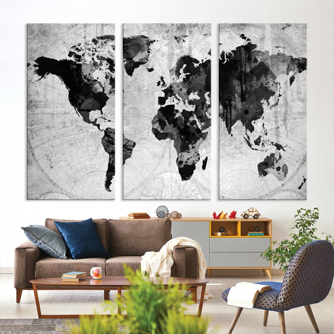 Large Black World Map Wall Art Framed Canvas Giclee Print