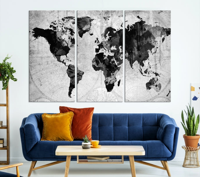 Large Black World Map Wall Art Framed Canvas Giclee Print