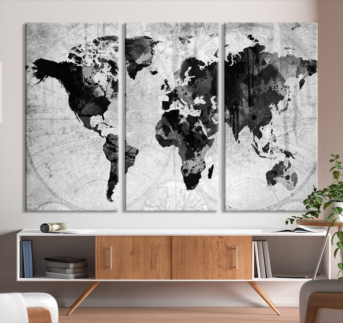 Large Black World Map Wall Art Framed Canvas Giclee Print