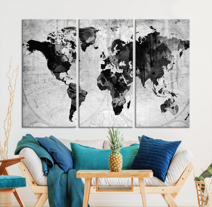 Large Black World Map Wall Art Framed Canvas Giclee Print