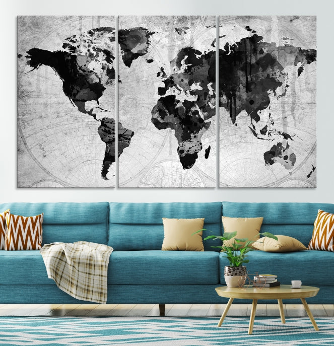 Large Black World Map Wall Art Framed Canvas Giclee Print