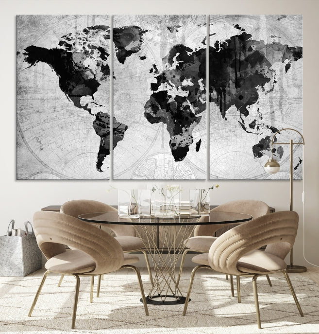 Large Black World Map Wall Art Framed Canvas Giclee Print