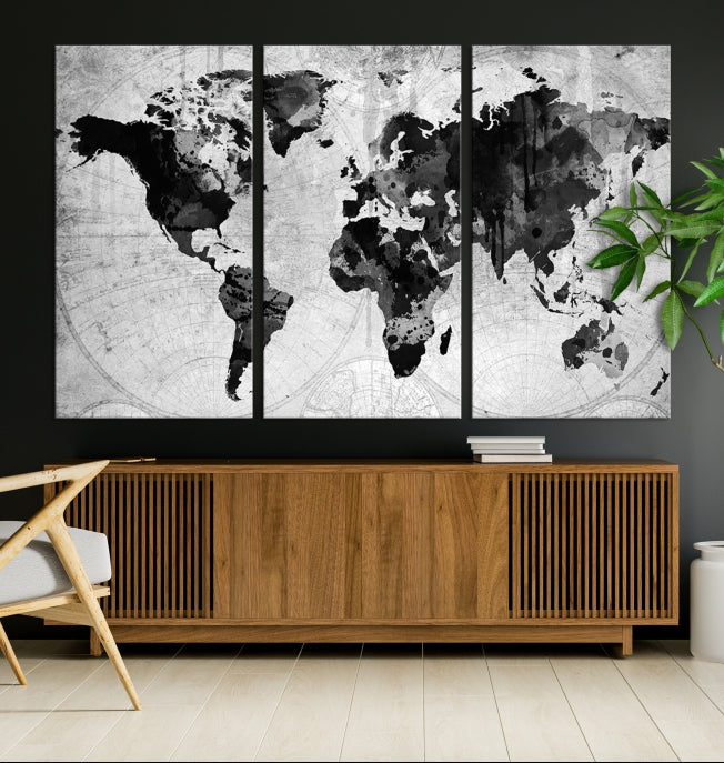 Large Black World Map Wall Art Framed Canvas Giclee Print