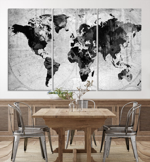 Large Black World Map Wall Art Framed Canvas Giclee Print