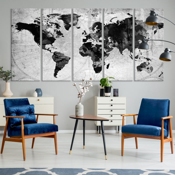 Large Black World Map Wall Art Framed Canvas Giclee Print