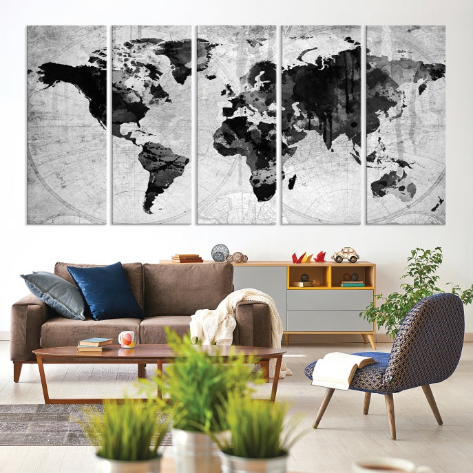 Large Black World Map Wall Art Framed Canvas Giclee Print