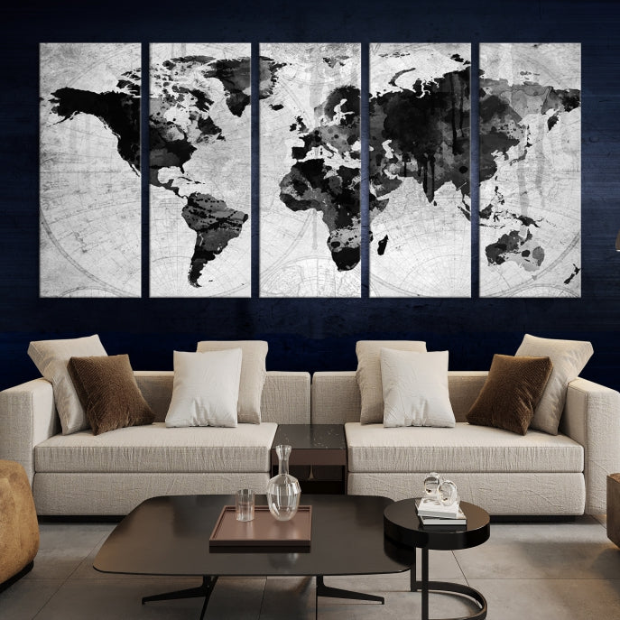 Large Black World Map Wall Art Framed Canvas Giclee Print