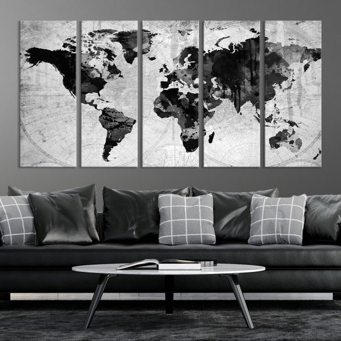 Large Black World Map Wall Art Framed Canvas Giclee Print